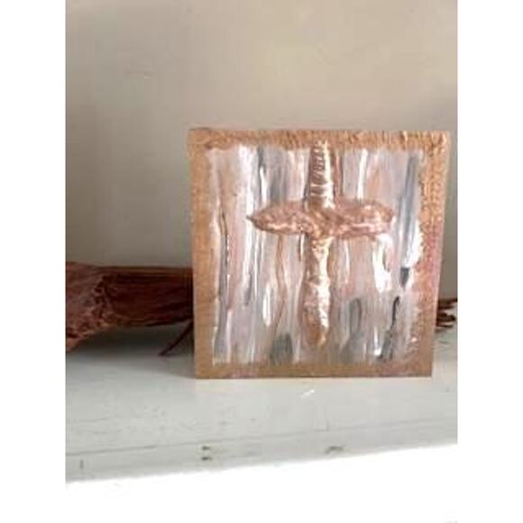 SALE Gold Cross Wood Painting HandPainted Wall Art 5x5 Block Textured White Gold - Picture 2 of 8